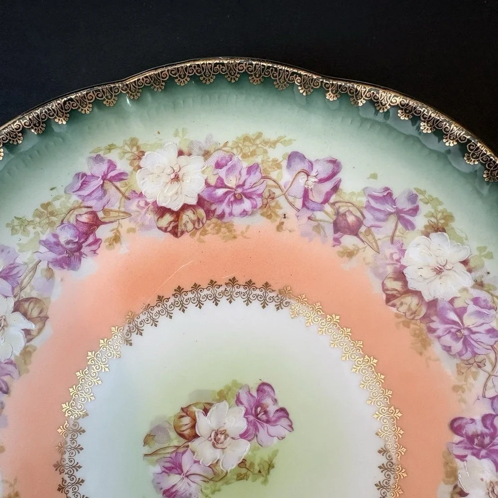 Antique Bavaria Z S & Co Floral Cake Plate Gold Trim Handles‎ Green Pink Peach